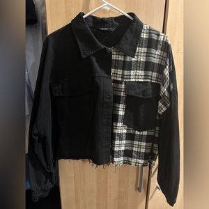 Plus Size Flap Pocket Front Tartan Panel Jacket